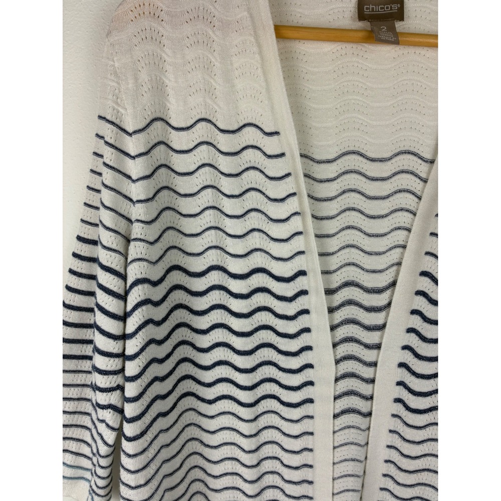 Chico's Open Front Knit Cardigan White Blue Wave Stripe Shimmer 3/4 Sleeve 2 - Picture 3 of 10